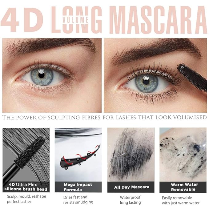 4D Silk Fiber Lash mascara, Waterproof Mascara Black Volume and Length, Natural Lengthening and Thick, Smudge-Proof,No Clumping, Instantly Create The Look of Lash Extensions, All Day Full, 2 Pack