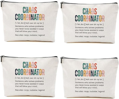 4PCS Chaos Coordinator Makeup Bag Chaos Coordinator Gifts for Women Cosmetic Bag, Thank You Supervisor Gifts for Women Moms Manager Coworkers Retirement Boss Gift, Zipper Pouch Travel Toiletry Bags