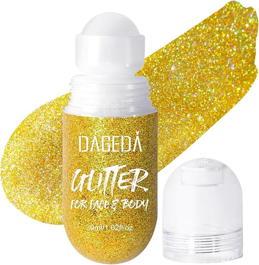 DAGEDA Body Glitter Gel, Roll-on Face Glitter for Mermaid Makeup Festival Rave Accessories, Holographic Hair Glitter Gel,Body Shimmer Halloween Makeup for Rave Party(Laser Gold)
