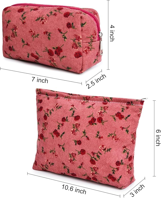 2 Pieces Rose Makeup Bag Large Cosmetic Bag Capacity Canvas Mix Travel Toiletry Bag Organizer Cute Makeup Brushes Aesthetic Accessories Storage Bag for Women, Rose Mix Green Red
