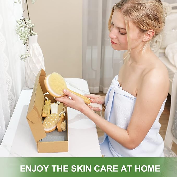 Natural Boar Bristle Dry Brush - Exfoliating Body, Face & Foot Brush, Long Handle Back Scrubber, Meridian Pressure for Lymphatic Drainage & Cellulite