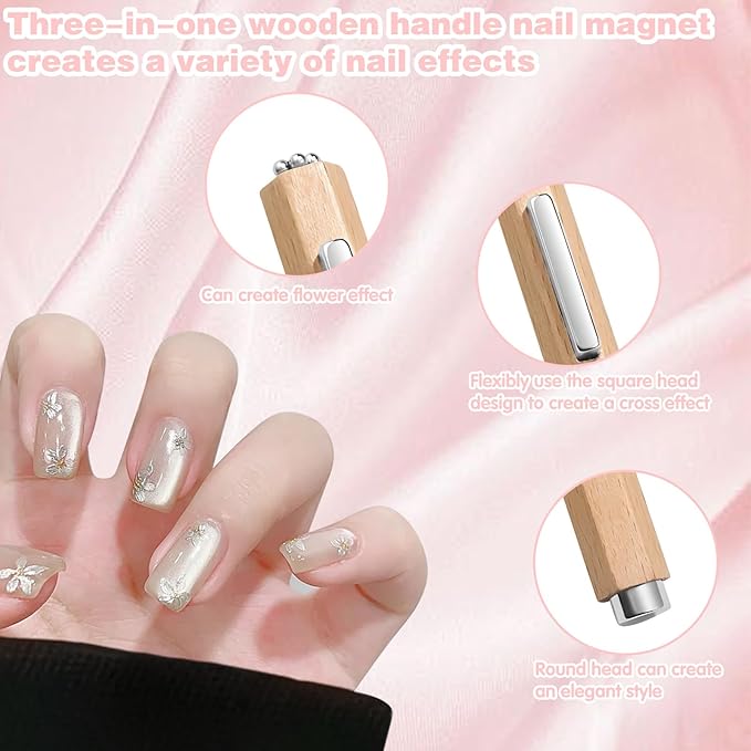 3 in 1 Wooden Handle Nail Magnet Cat Eye Magnet, Versatile Magnet Tool for Nails, Magnet for Cat Eye Gel Polish, Nail Magnets Suitable for Nail Art Magnet for Nail Polish Suitable for Nail Art