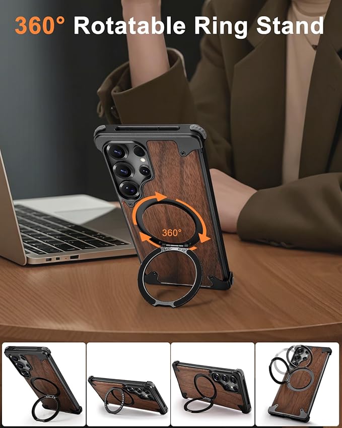 OATSBASF Magnetic Wood Case Compatible with Samsung Galaxy S25 Ultra, [Natural Wood & Aluminum] Shockproof Protective Cover Unique Wooden Case with 360° Ring Stand, Black