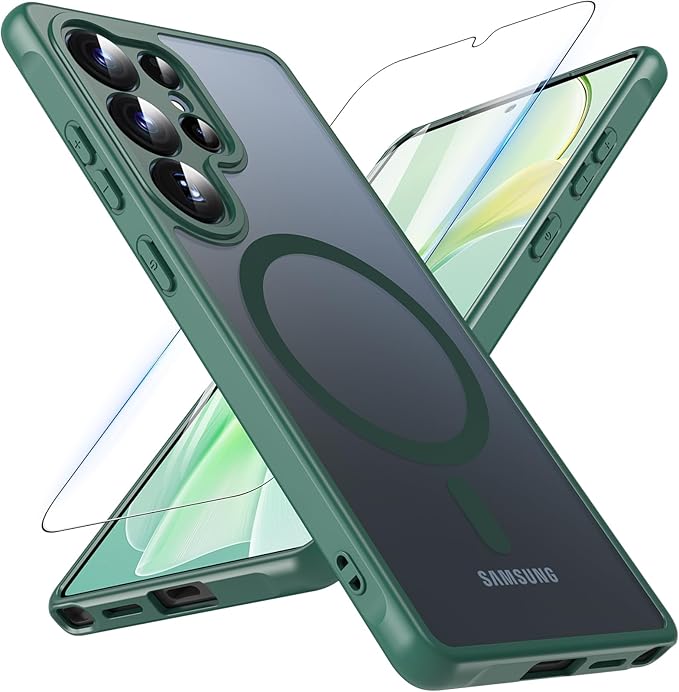 OWKEY Samsung Galaxy S25 Ultra Case 6.86'', Magnetic S25 Ultra Case for Magsafe with Tempered Glass Screen, [Shockproof Military] Translucent Back Slim Bumper Cover Phone Case Galaxy S25 Ultra, Green