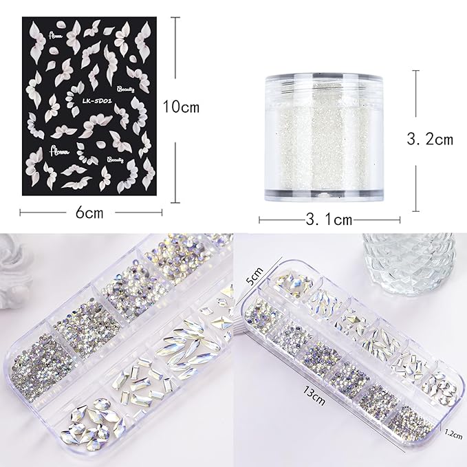 Nail Art Rhinestones for Nails, Flatback Multi Shape Gems 3D Flowers Nail Charms Mixed Nail Glitter Powder Nail Supplies Moonlight Crystal Jewelry Nail Accessories for Women Nail Decorations Design.