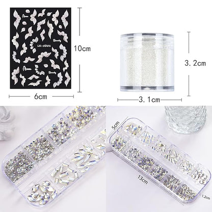 Nail Art Rhinestones for Nails, Flatback Multi Shape Gems 3D Flowers Nail Charms Mixed Nail Glitter Powder Nail Supplies Moonlight Crystal Jewelry Nail Accessories for Women Nail Decorations Design.