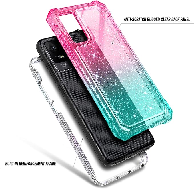 NZND Designed for TCL 40 XE 5G Case, TCL 40 X 5G with [Built-in Screen Protector], Full-Body Protective Shockproof Rugged Bumper Cover, Impact Resist Case (Glitter Pink/Aqua)