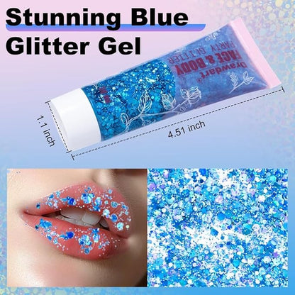 Body Glitter Gel,Blue Holographic Chunky Glitter for Face Hair Nails,Long Lasting Face Paint Glitter Music Festival Rave Accessories Makeup for Women Kids,50ml