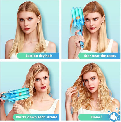 3 Barrel Curling Iron Hair Crimper: Aleath Dual Voltage Adjustable Temperature Three Barrels Hair Waver - Ceramic 1 inch Curler Wand（Blue）