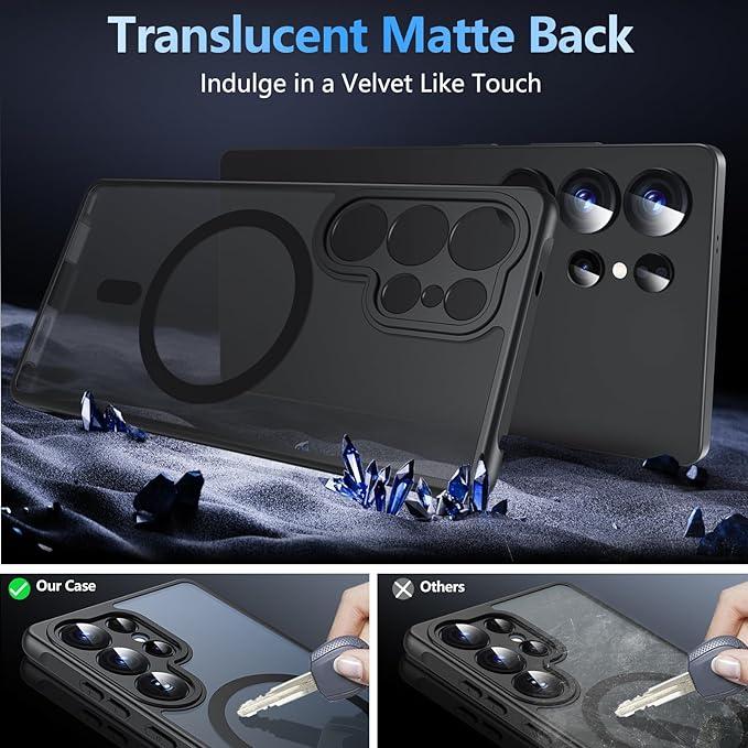 OWKEY Samsung Galaxy S25 Ultra Case 6.86'', Magnetic S25 Ultra Case for Magsafe with Tempered Glass Screen, [Shockproof Military] Translucent Back Slim Bumper Cover Phone Case Galaxy S25 Ultra, Black
