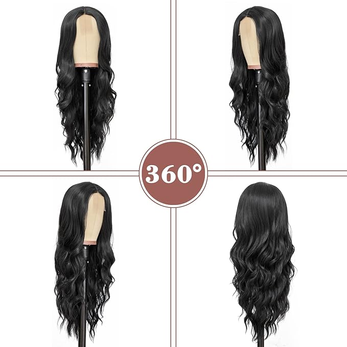 NAYOO Long Black Wavy Wig for Women 26 Inch Middle Part Curly Wavy Wig Natural Looking Synthetic Heat Resistant Fiber Wig for Daily Party Use (Natural Black)