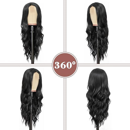 NAYOO Long Black Wavy Wig for Women 26 Inch Middle Part Curly Wavy Wig Natural Looking Synthetic Heat Resistant Fiber Wig for Daily Party Use (Natural Black)