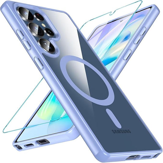 OWKEY Galaxy S25 Ultra Case 6.86'',Magnetic S25 Ultra Case for Magsafe with Tempered Glass Screen, [Shockproof Military] Transparent Back Slim Bumper Cover Phone Case Galaxy S25 Ultra, Light Blue