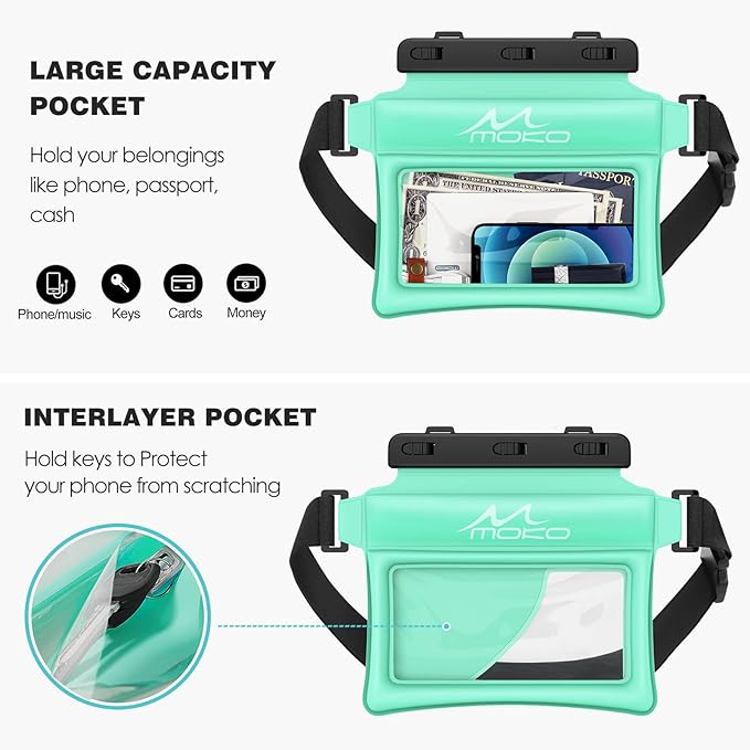 MoKo Waterproof Phone Pouch Fanny Pack, Floating Dry Bag for Swimming Kayaking Snorkeling, Compatible with iPhone 14 13 12 11 Pro Max X/Xr/Xs Max, Galaxy S21 Ultra/S9/Note 10 Plus, Mint Green