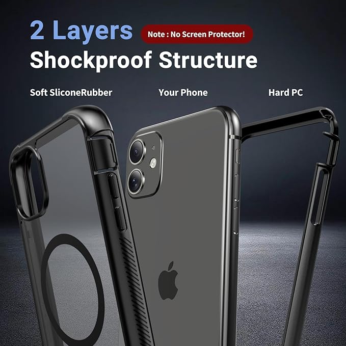 for iPhone 11 case, [Compatible with MagSafe][Military Grade Drop Protection][Heavy Duty Protection][Non-Slip][Shockproof] with 2-Layer Durable Bumper Phone Case 6.1''-Black