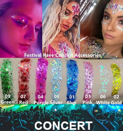 Go Ho White Pink and Silver Face Body Glitter Gel Set,Mermaid Face Paint,Holographic Long Lasting Chunky Sequins Glitter Makeup for Singer Concerts,Halloween Festival Rave Accessories