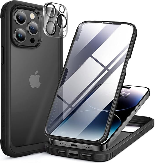 Miracase Glass Series Designed for iPhone 14 Pro Max Case 6.7 Inch, Upgrade Full-Body Bumper Case with Built-in 9H Tempered Glass Screen Protector, Matte Black