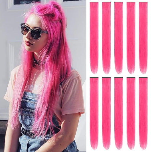 22 inch Colored Hair Extensions Straight Hairpiece, Colorful Party Highlights Clip in Long Synthetic Hair Extensions for Women Kids Girls Favor Gift(10 PCS Hot Pink)