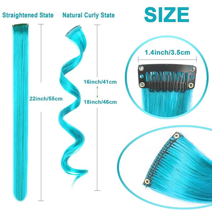 10 PCS Teal Blue Hair Extensions, Curly Wavy Synthetic Hairpieces Clip in Rainbow Neon Party Highlights, Colorful Hair Accessories for Girls Women 17 inch (Teal Blue)