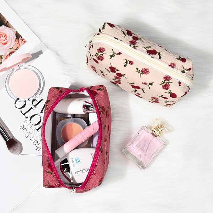 2 Pieces Makeup Bag Floral Cosmetic Bag Purple Blue Makeup Pouch Travel Toiletry Bag Organizer Cute Makeup Brushes Storage Bag for Women