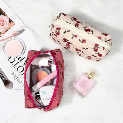 2 Pieces Makeup Bag Floral Cosmetic Bag Purple Blue Makeup Pouch Travel Toiletry Bag Organizer Cute Makeup Brushes Storage Bag for Women