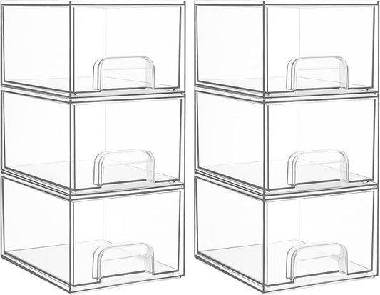 Vtopmart 6 Pack Clear Stackable Storage Drawers, 4.4'' Tall Acrylic Bathroom Makeup Organizer,Plastic Storage Bins For Vanity, Undersink, Kitchen Cabinets, Pantry, Home Organization and Storage