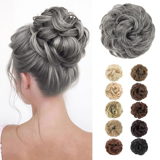 MORICA Messy Bun Hair Piece - Elastic Wavy Curly Hair Bun Scrunchies Extensions Synthetic Chignon Hairpieces for Women Girls（(Gray and White Tips)）