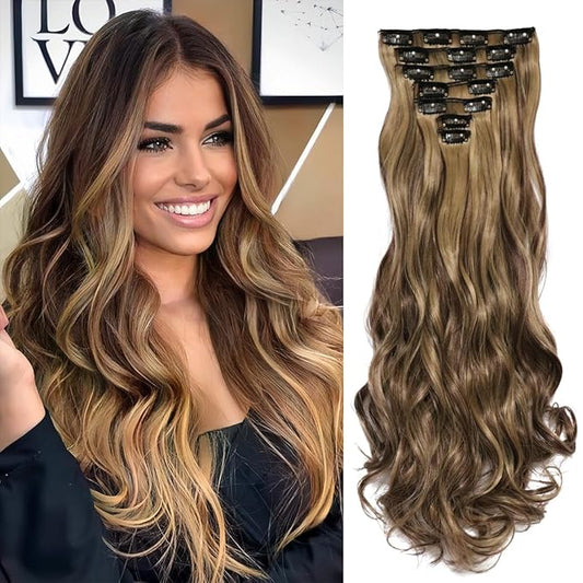 22 Inch Clip In Hair Extensions 7 PCS Long Wavy Synthetic Black Hair Extension & Natural Soft Invisible Clip Thick Hairpieces for Women Daily(20Inch, 7pcs, Dark Brown Mixed Gold)
