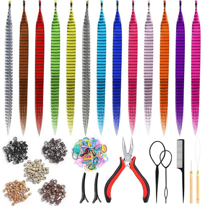 65 Pcs Hair Feathers with Hair Extension Tools, 13 Colors Long Straight Synthetic Hair Feather Extensions Kit with Microlink Beads for Women Girls Kids Daily Parties Festival