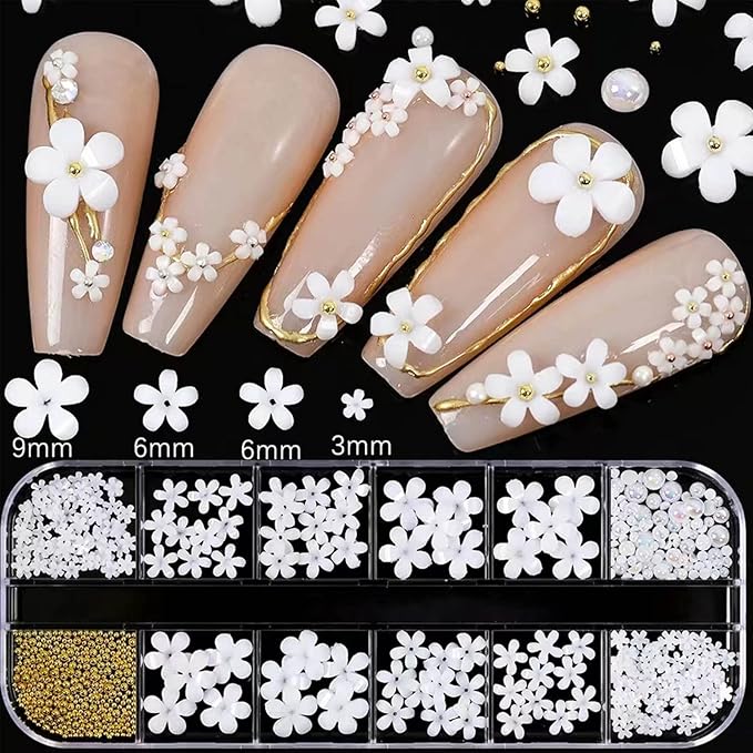 Nail Art Charms 3D Flower Nail Charms for Acrylic Nails White Gold Nail Art Supplies Luxurious Gems Rhinestones Pearls Design Nail Accessories for Women and Girls Nail Decorations.