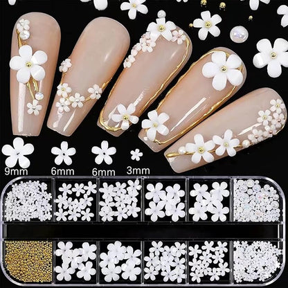 Nail Art Charms 3D Flower Nail Charms for Acrylic Nails White Gold Nail Art Supplies Luxurious Gems Rhinestones Pearls Design Nail Accessories for Women and Girls Nail Decorations.