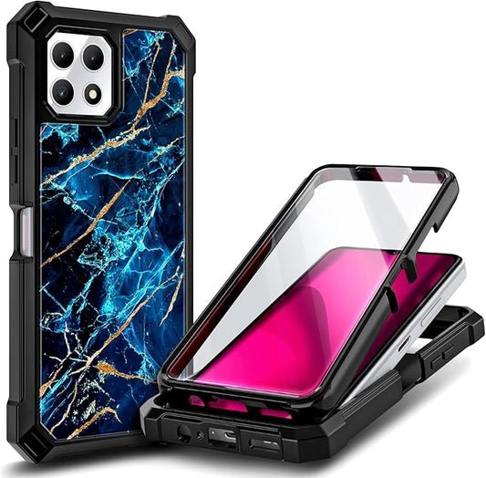 NZND Designed for T-Mobile REVVL 7 5G Phone Case with [Built-in Screen Protector], Full-Body Shockproof Protective Rugged Bumper Cover Case for REVVL 7 (Marble Design Sapphire)