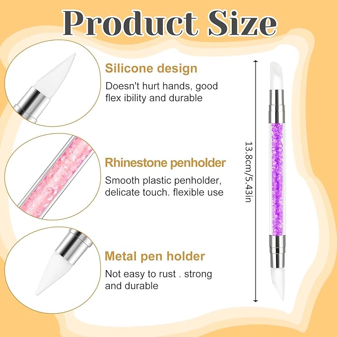 3 Pcs Nail Art Sculpture Pen, Dual Tipped Silicone Nail Tools, Silicone Head Acrylic Handle Nail Art Brushes, Rhinestone Nail Polish Carving Pen, Nail Art Tools for Home Salon(Yellow, Pink, Purple)