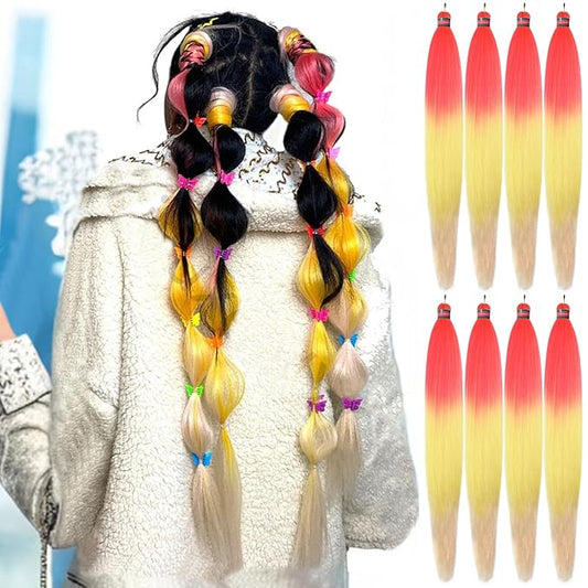 Ombre Pink-Yellow-Blonde Pre Stretched Braiding Hair, 36 Inches Braid Hair Extensions, 8 packs Multi Color Blend Braiding Hair Pre-stretched, Crochet Hair Braiding