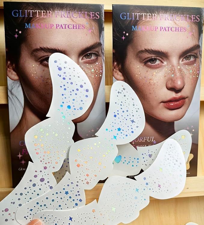 Glitter freckles, Holographic Face and Body Glitter Tattoo Sparkle for Women Gold Glow Cosmetic Star Makeup Accessories 6pcs for Festival Rave