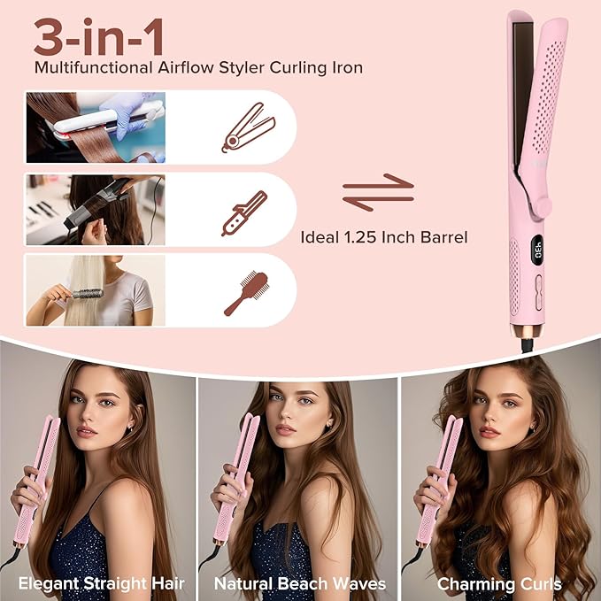 360° Airflow Styler Curling Iron, 1.25 Inch Hair Straightener and Curler 2 in 1, LED Display Curling Flat Iron with Cooling Air Vents to Lock in Style, Adjustable Temp Curling Wand (Pink)