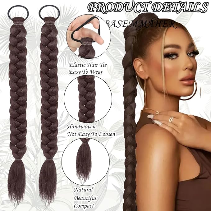 2Pcs Braided Ponytail Extensions with Hair Ties Soft Synthetic Hair Pieces Straight Wrap Around Hair Extensions Pony Tail Hairpieces Accessories for Women Daily Wear 16 Inch (Dark Brown)