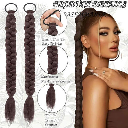 2Pcs Braided Ponytail Extensions with Hair Ties Soft Synthetic Hair Pieces Straight Wrap Around Hair Extensions Pony Tail Hairpieces Accessories for Women Daily Wear 16 Inch (Dark Brown)