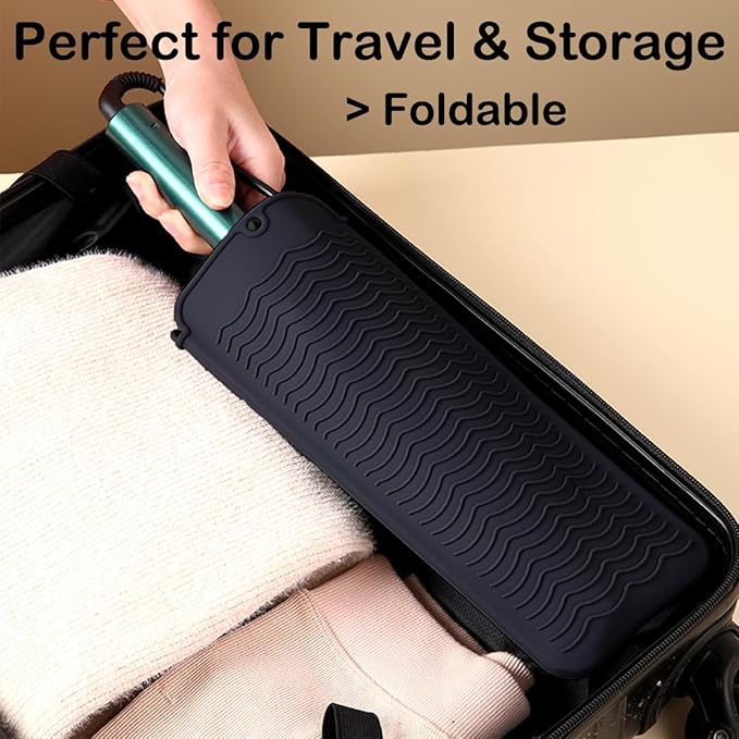 Heat Resistant Silicone Mat with Hanging Hole, Straightener Heat Resistant Travel Mat & Pouch for Curling Iron, Flat Iron and Other Hot Hair Styling Tools, 11 x 5 in, Black