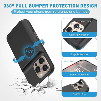 2025 New Upgraded 7000 mAh Travel Battery Case for iPhone 16 6.1inch, Extra Battery Life 15W Fast Charging External Rechargeable Portable Charging Case with HD Tempered Protective Film, Black