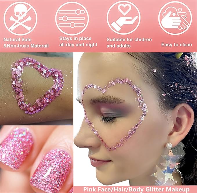 Go Ho Pink and White Body Glitter Set,Singer Concerts Face Glitter Gel Makeup,Holographic Long Lasting Chunky Sequins Glitters for Eye Lip Hair Nails,Festival Rave Accessories,White&Pink