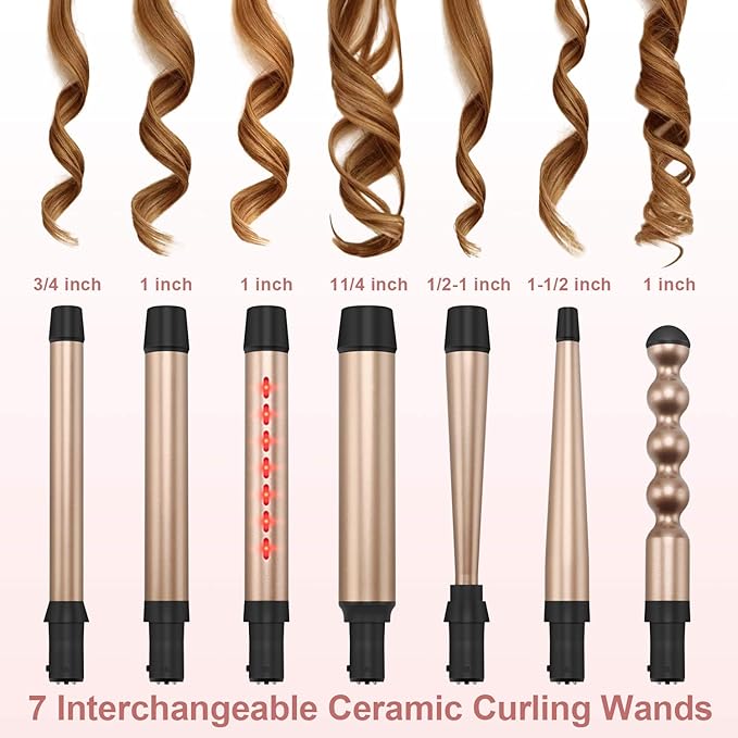 7-in-1 Infrared Curling Iron Wand Set, Dual Voltage Curling Wand with Temperature Control, Auto Shut Off, Hair Curler for Wavy/Air Bang/Ringlet/Spiral with Glove and 2 Hair Clips