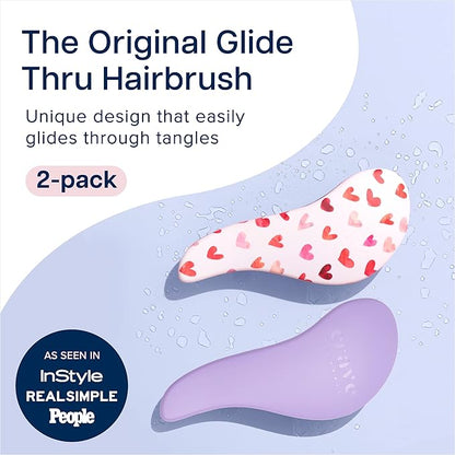 Crave Naturals Glide Thru Detangling Hair Brush for Adults and Kids - Detangler Hairbrush for Curly or Straight, Wet or Dry Hair - Gentle on Tangles Hair Comb - Purple and Pink Hearts (Pack of 2)