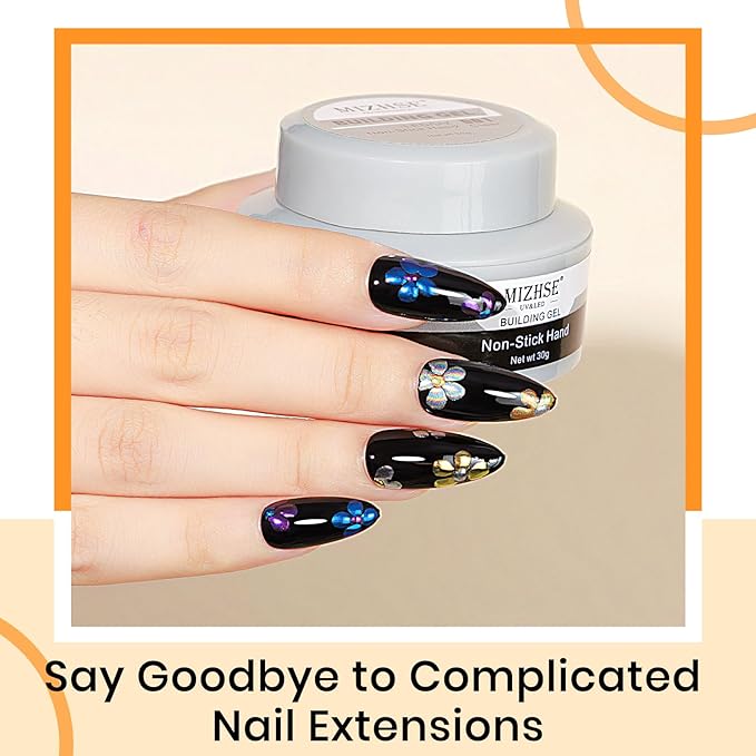 MIZHSE Solid Builder Gel - 1 oz Clear Non Stick Hand Hard Gel with 6 Colors Chrome Nail Powder and Nail Form Extension Kit for Salon and Home DIY
