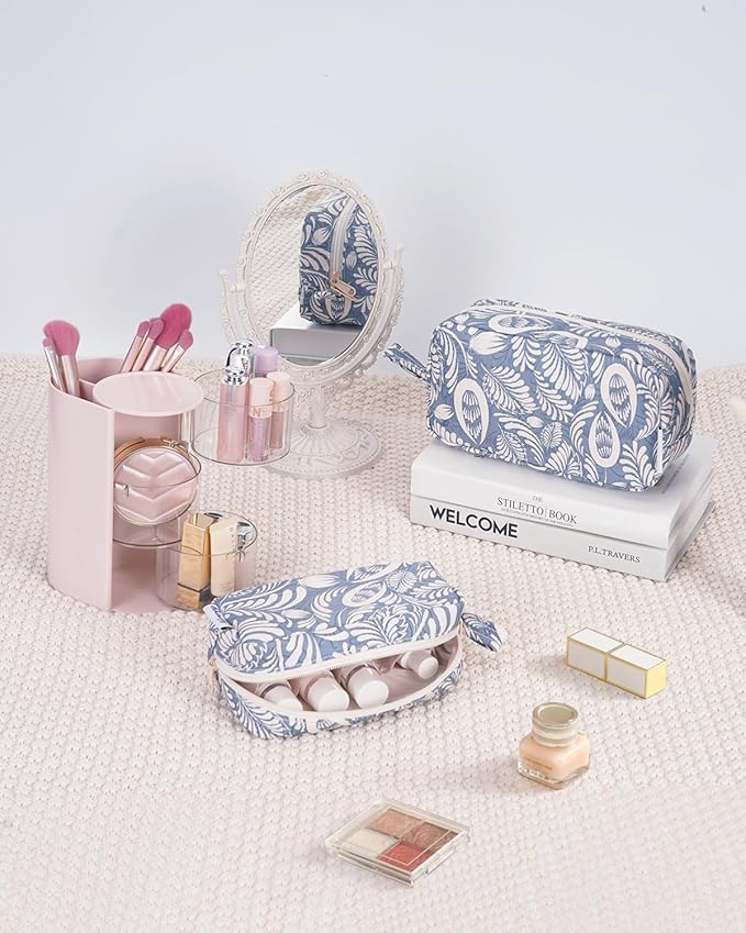 Narwey Cute Makeup Bag Small Toiletry Bag Travel Cosmetic Bag Organizer Make Up Bags with Organized Pockets for Women (Blue Leaf, Large)