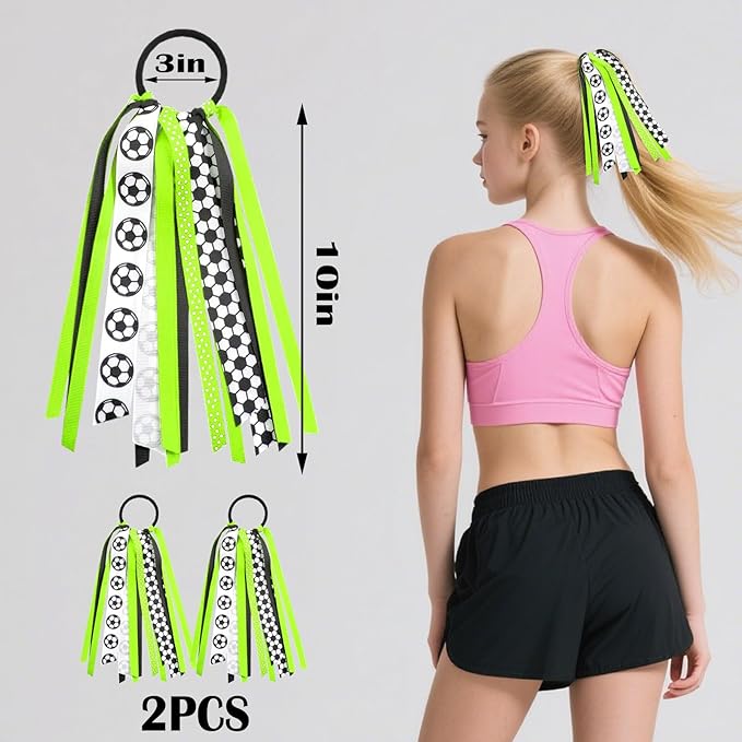 2pcs Soccer Ponytail Holders Hair Ribbons Streamer Green Black Soccer Elastic Hair Ties Band Hair Scrunchies Game Day Party Accessories Back School Gift for Women Cheerleader Fans