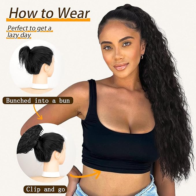 ORSUNCER Ponytail Extension Claw 30" Curly Pony Tail Clip in Claw Hair Extensions Fluffy Natural Looking Synthetic Hairpiece for Women Blonde Highlight