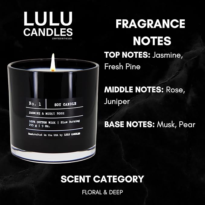 Lulu Candles | Jasmine & Musky Rose | Luxury Scented Soy Jar Candle | Hand Poured in The USA | Highly Scented & Long Lasting | 9 Oz.