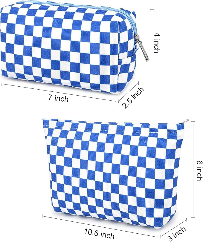 2 Pcs Checkered Makeup Bag Large Cosmetic Bag Toiletry Bag Makeup Pouch Travel Bag Organizer Cute Makeup Brushes Aesthetic Accessories Storage Bag for Women Royal Blue