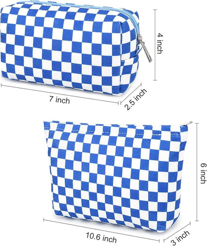 2 Pcs Checkered Makeup Bag Large Cosmetic Bag Toiletry Bag Makeup Pouch Travel Bag Organizer Cute Makeup Brushes Aesthetic Accessories Storage Bag for Women Royal Blue